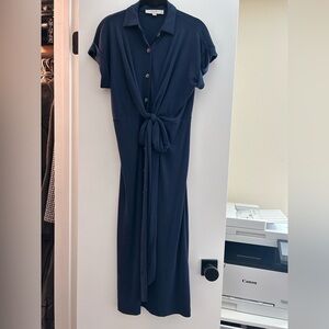LOFT Navy Button-Front Tie-Waist Maxi Dress